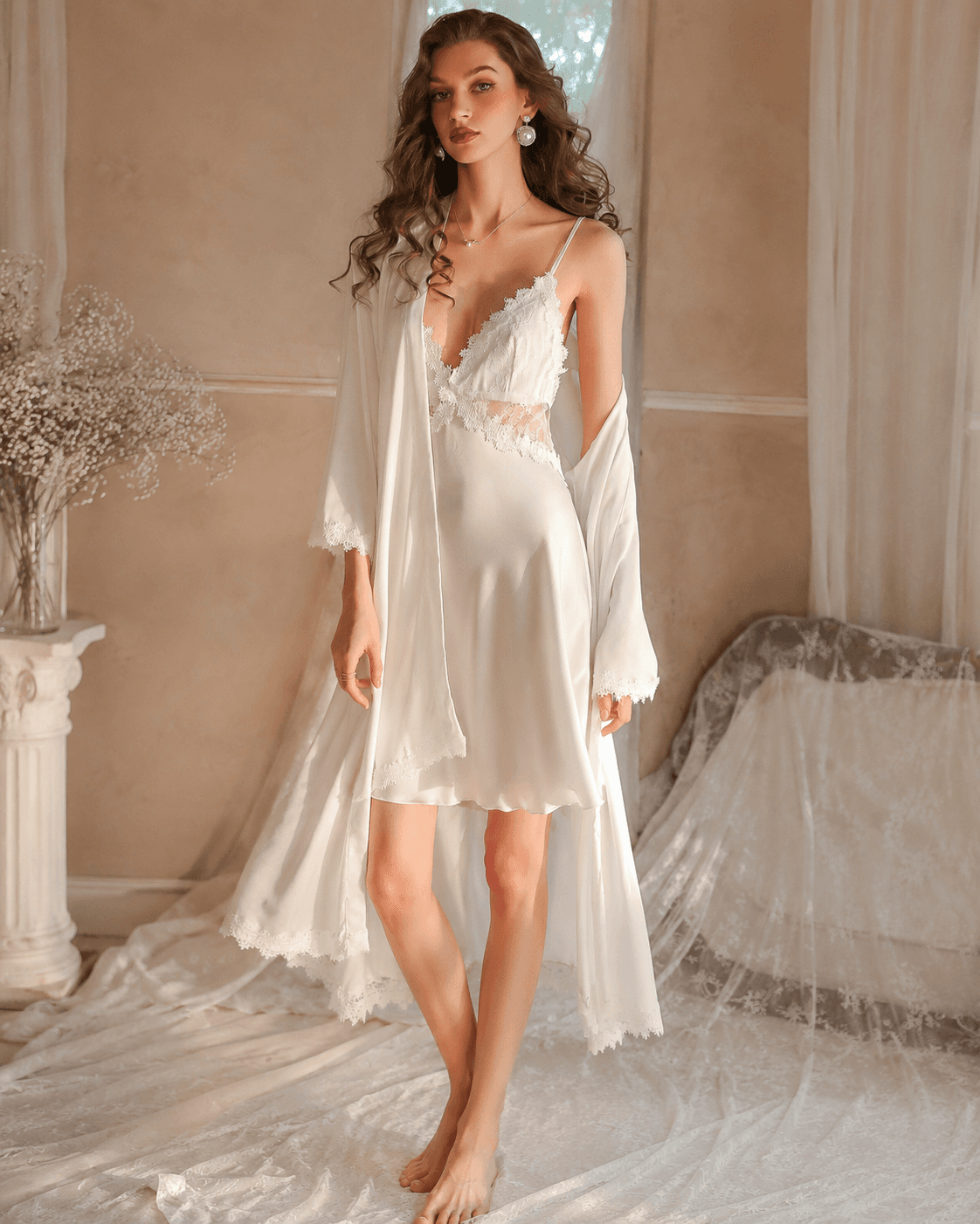 Celeste Lace Robe & Slip Set — White