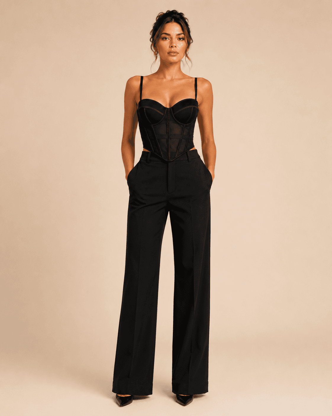 Lumière Mesh Corset Top with structured cups, sheer mesh panels and satin trim