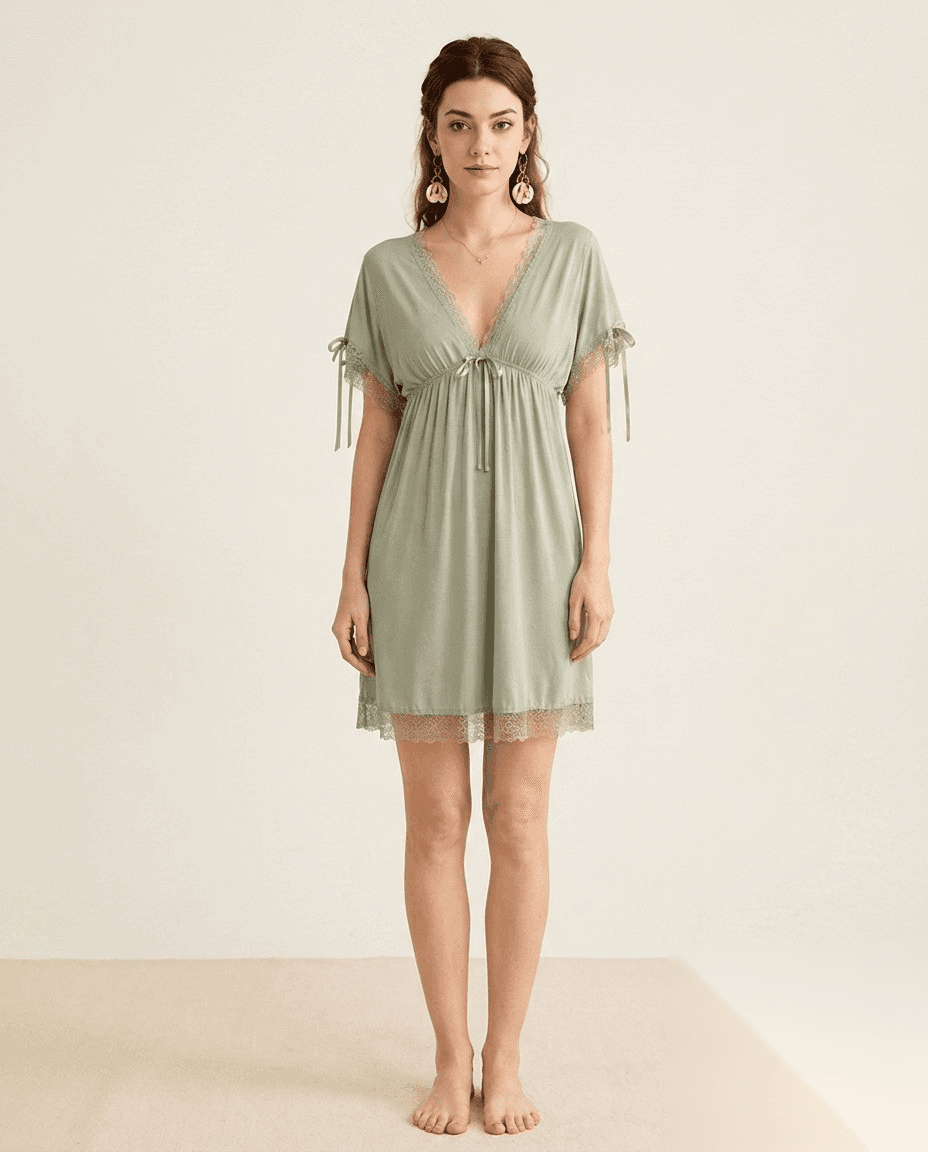 Serene Lace Lounge Chemise in sage with relaxed V-neck and lace trim details